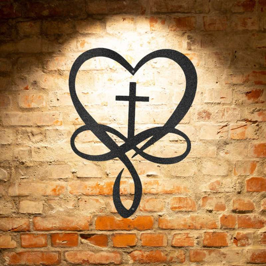 A Unique Love Infinity Cross - Steel Sign with a heart, perfect for personalized family signs.