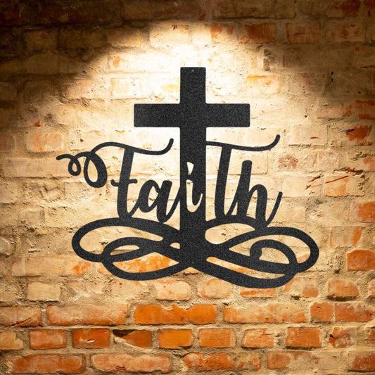 A durable steel sign featuring a faith cross design, mounted on a brick wall.