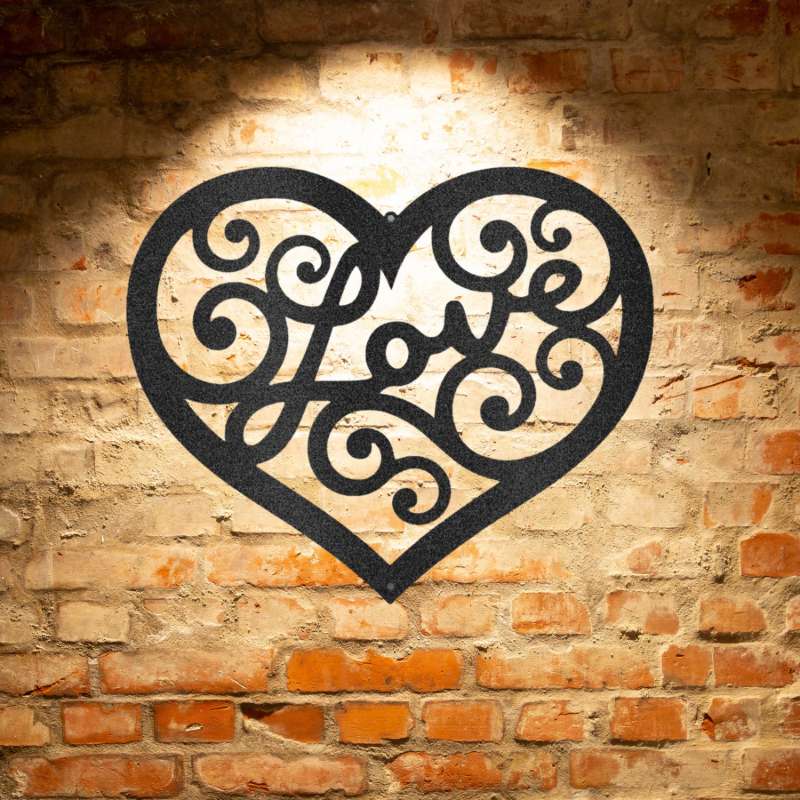 A Unique Love Swirl - Steel Sign adorning a brick wall.