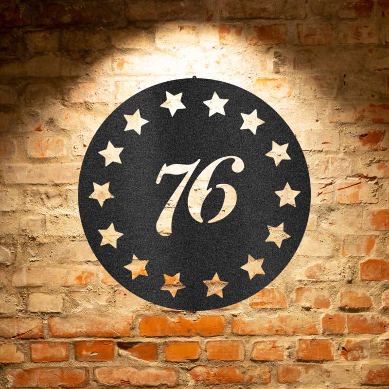 A durable outdoor metal sign plaque featuring a unique star-shaped design and the number 76, perfect for metal wall art décor or as a unique metal art gift.