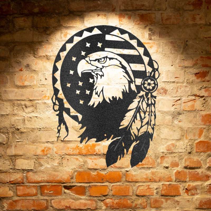 A Personalized Native Eagle Steel Sign on a brick wall, featuring Custom Handmade Designs.