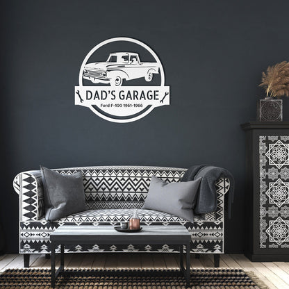 Wall Art White / 12 Inch CAR NAME SIGN - Customized Dad Car Ford F-100 1961-1966 Steel Monogram